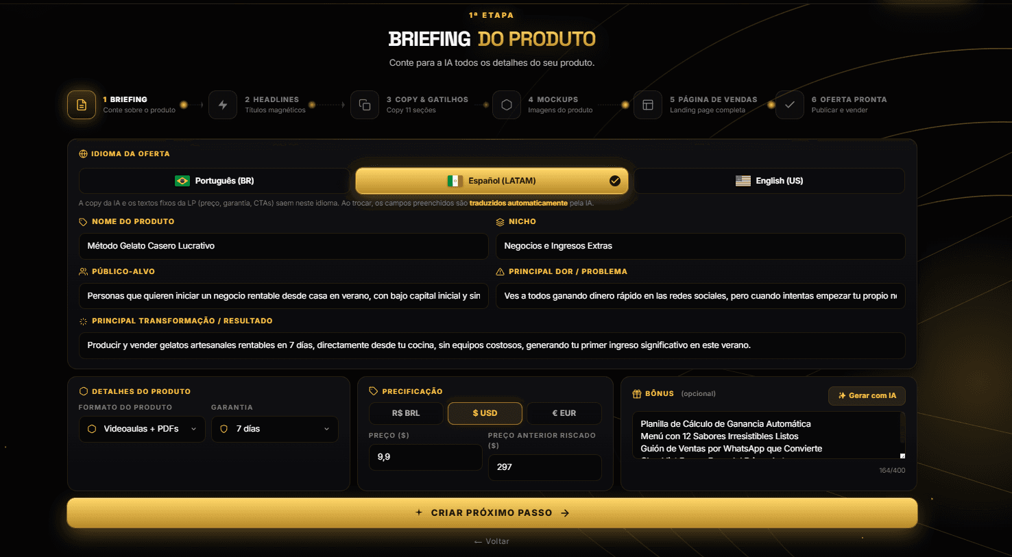 Tela do briefing do produto com 4 frases preenchidas e IA gerando a oferta