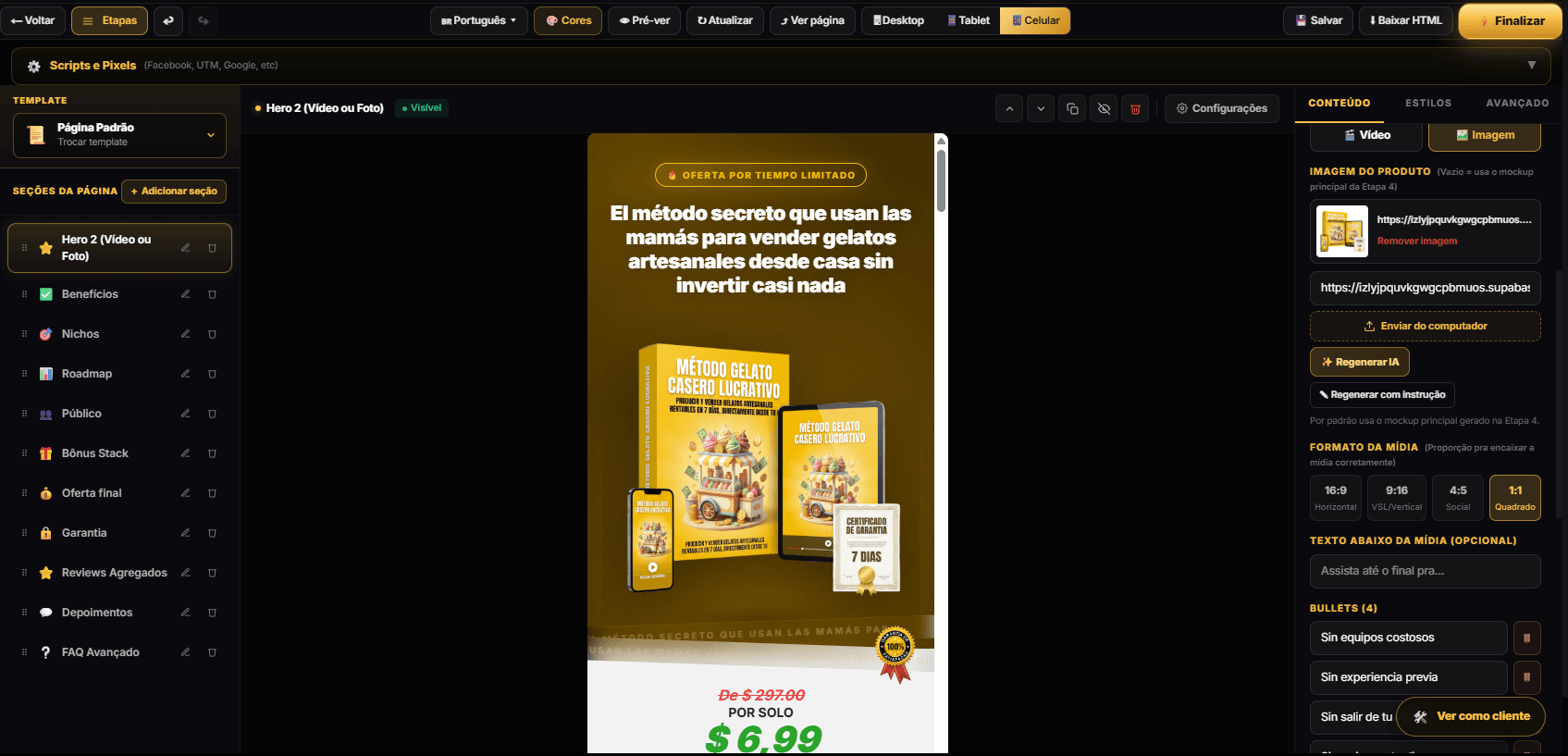 Editor visual da landing page com preview mobile lado a lado