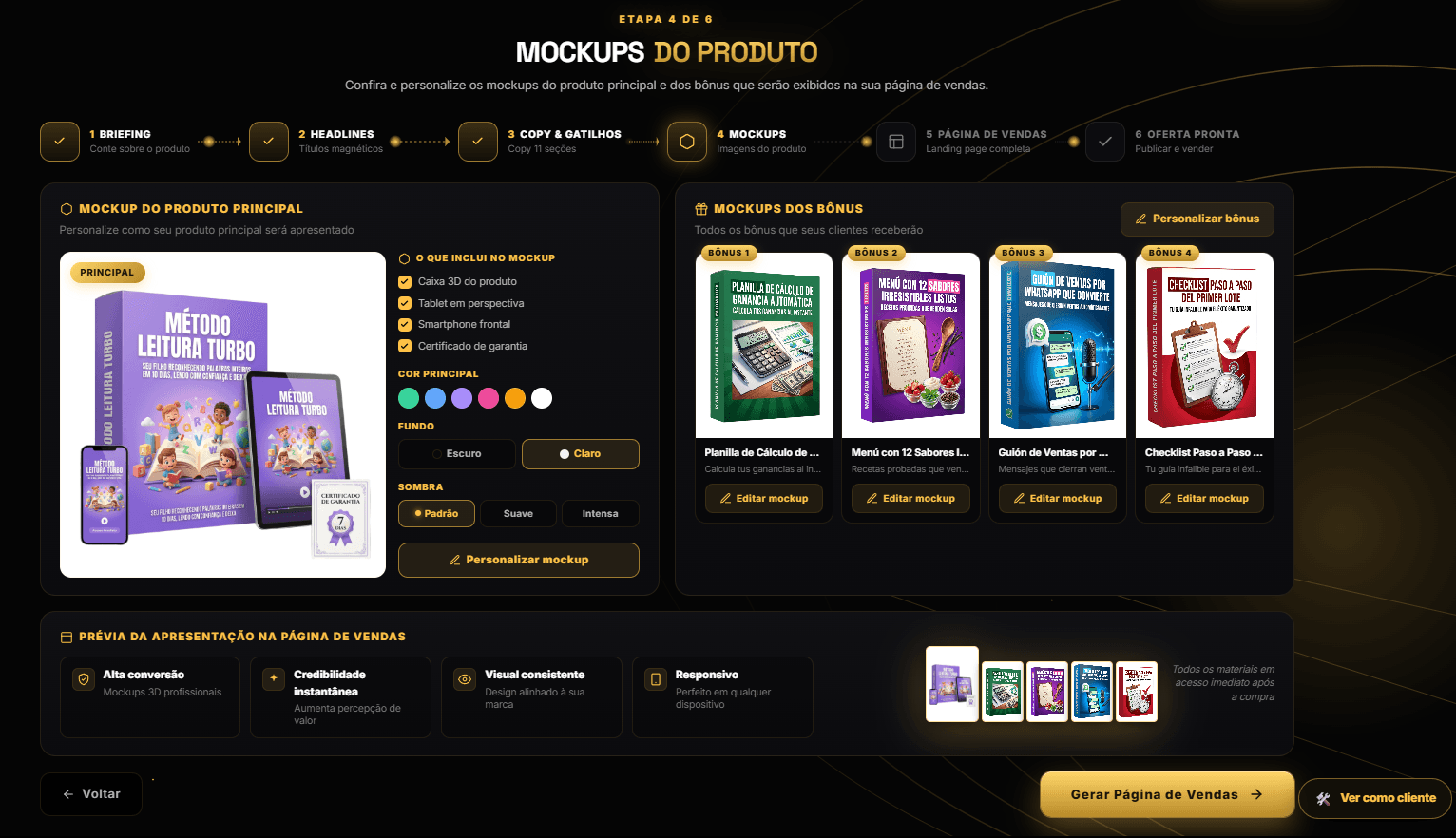 Galeria de mockups 3D gerados pela IA: capa do produto + 4 bônus