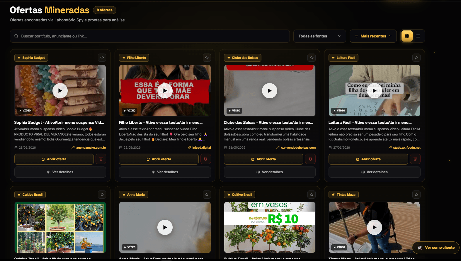 Tela do Laboratório Spy com 8 ofertas mineradas em tempo real